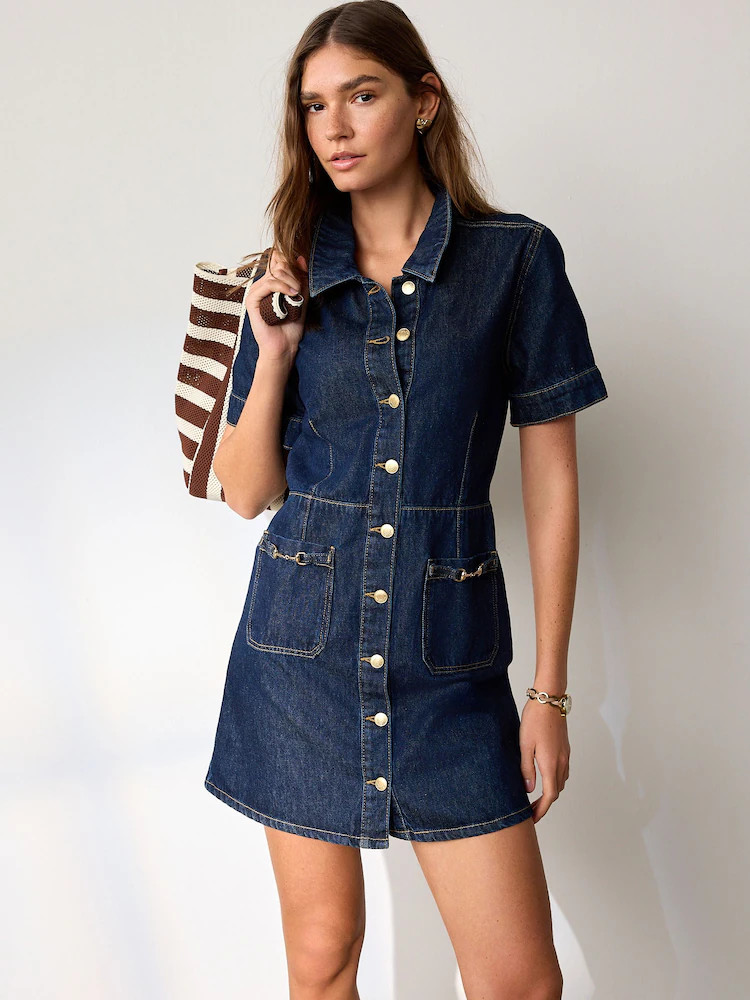 Buy Dark Blue Short Sleeve Gold Buckle Pocket Mini Denim Dress from Next United Arab Emirates | Next UAE