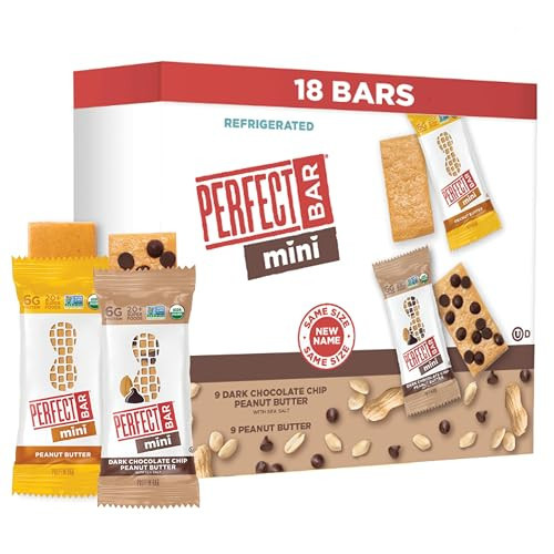 Perfect Bar Mini, Peanut Butter and Dark Chocolate Chip Peanut Butter Variety Pack, Protein Snack, Snack Bar, Organic, Gluten Free, Soy Free, Non GMO, No Sugar Alcohols, 18 count, .88 oz | Amazon (US)