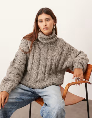 ARRANGE hand knit cable high neck jumper in grey | ASOS (Global)
