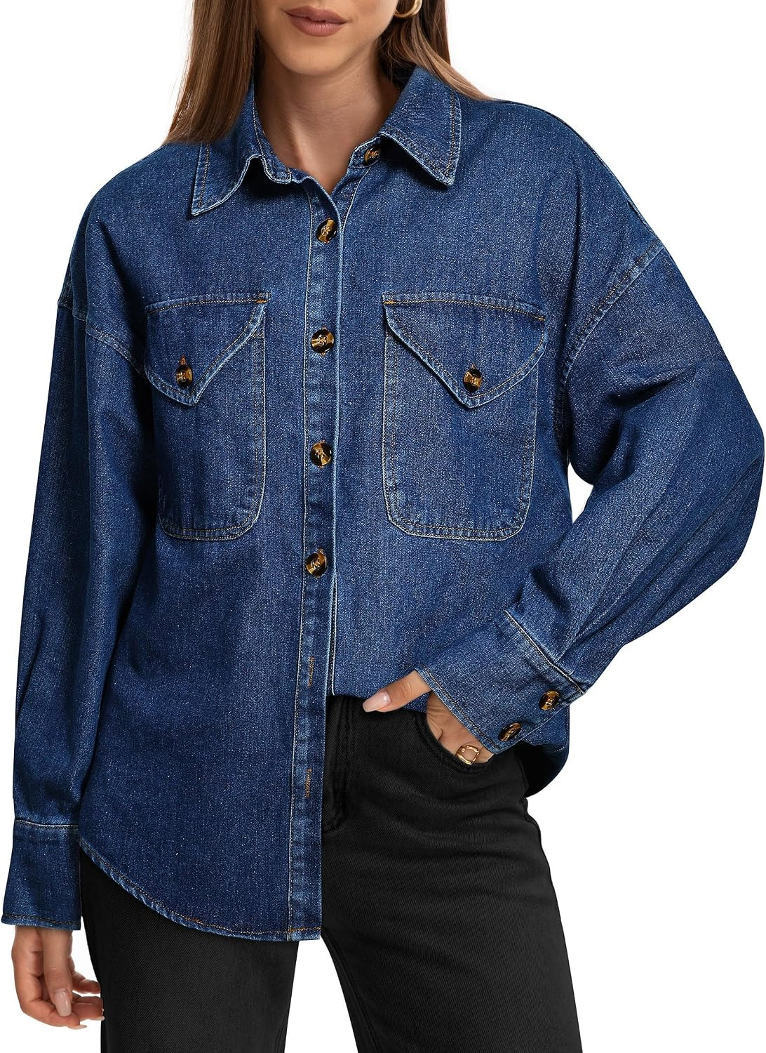 Women's Denim Shirt Long Sleeve Jean Jacket Button Down Top | Amazon (US)