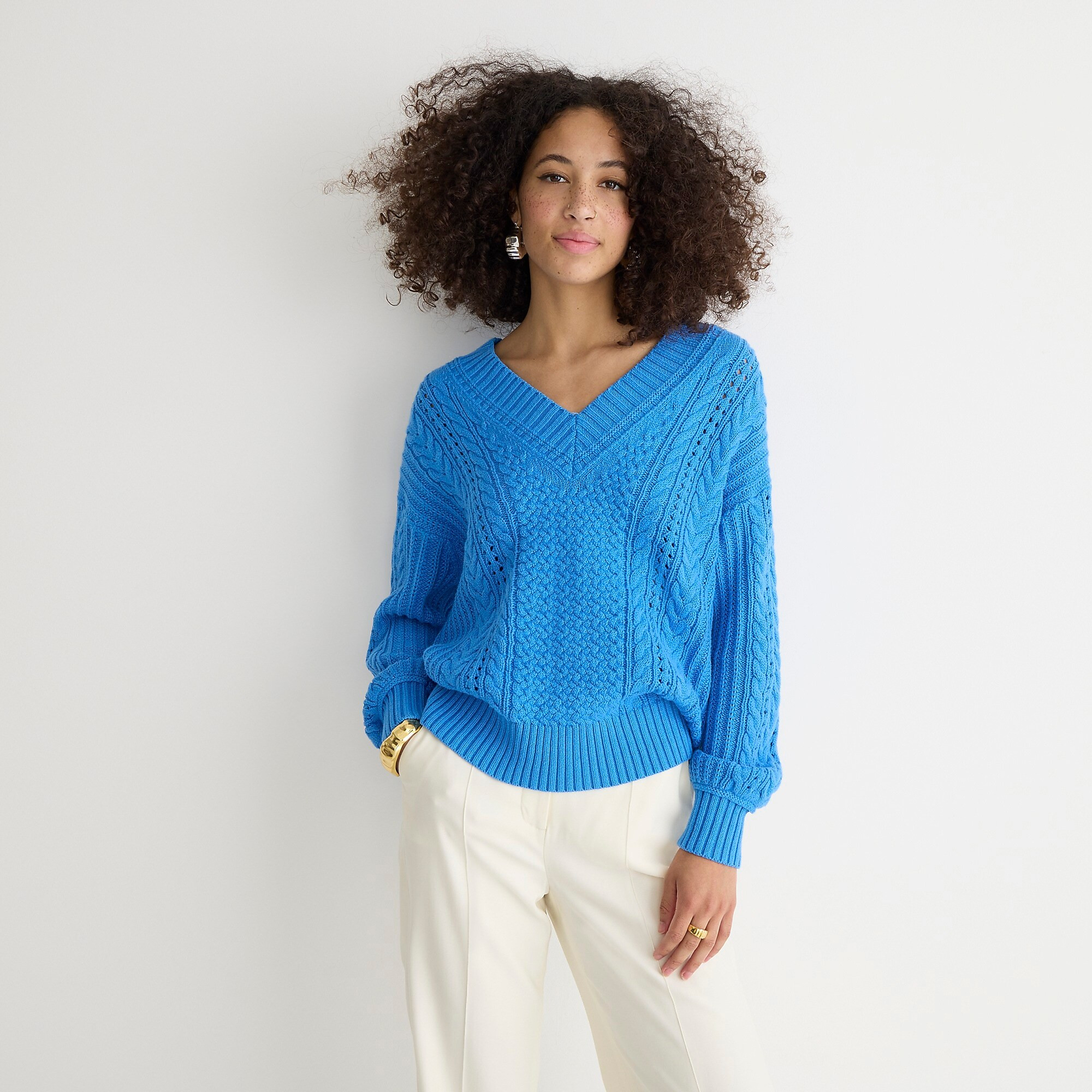 Cotton cable-knit V-neck pullover | J. Crew US