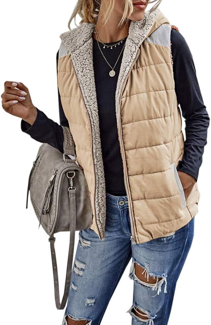 Womens Sherpa Fleece Zipper Up Reversible Vest Warm Color Block Hoodie Outwear with Pocket | Amazon (US)