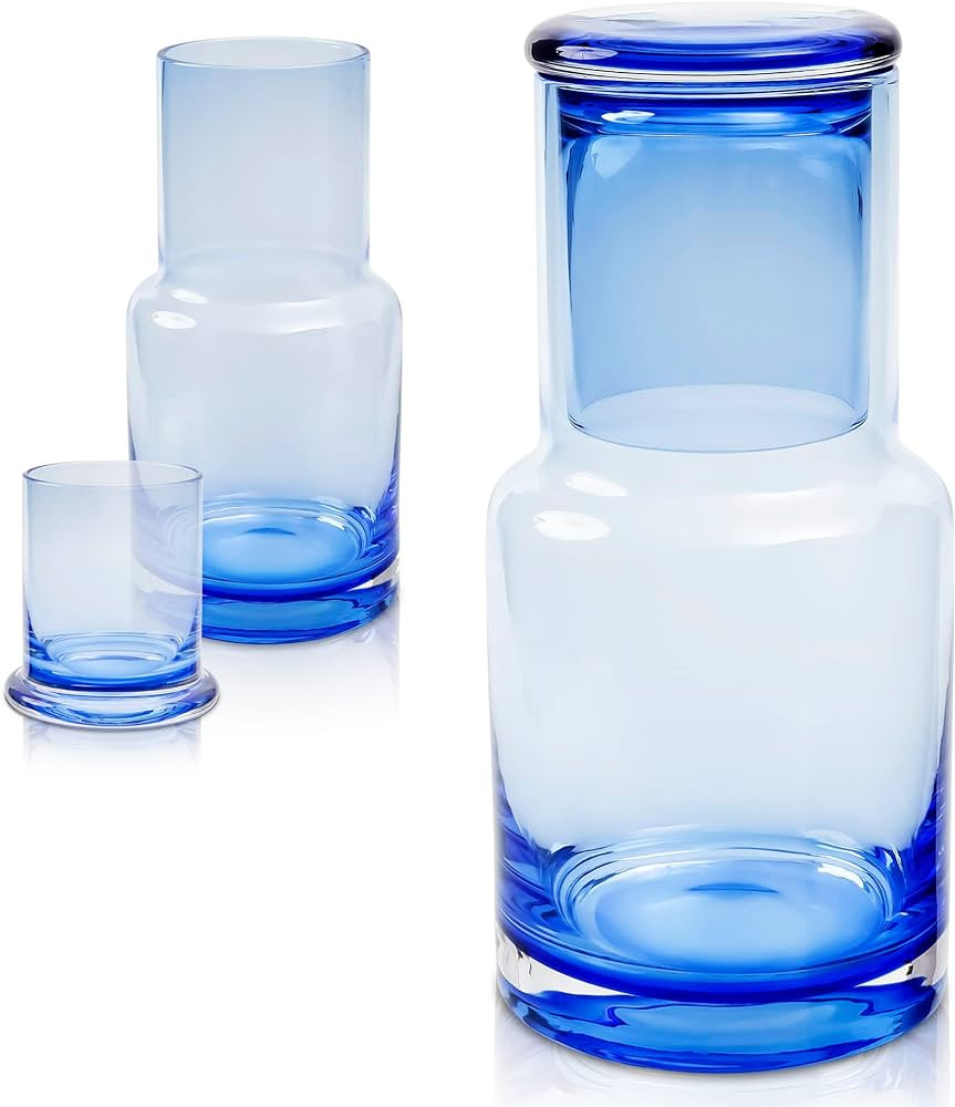 Bedside carafe and glass set, Ombre blue glass bedside carafe with glass that sits inside the car... | Amazon (US)