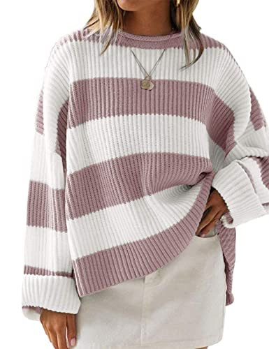 ZESICA Women's 2024 Fall Long Sleeve Crew Neck Striped Color Block Comfy Loose Oversized Knitted ... | Amazon (US)