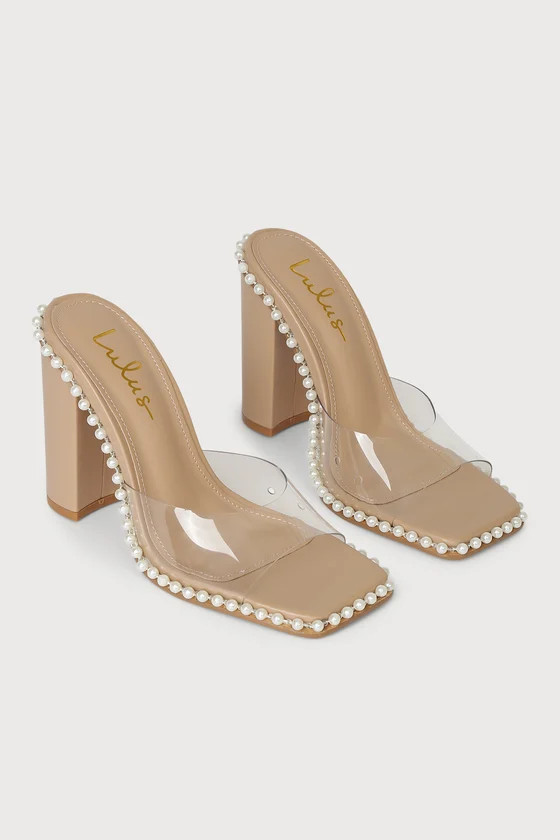 Power Pearl Light Nude Studded Vinyl High Heel Sandals | Lulus (US)