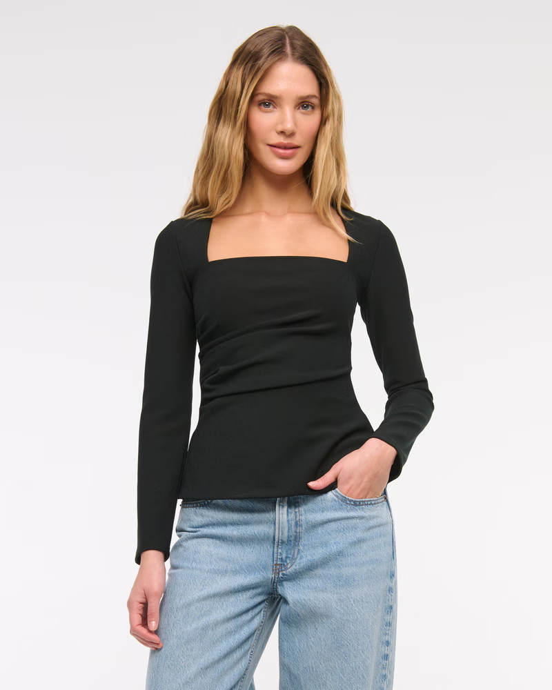 Women's Long-Sleeve Stretch Crepe Portrait Top | Women's Clearance | Abercrombie.com | Abercrombie & Fitch (US)