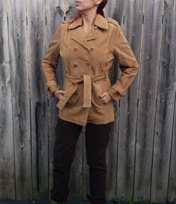 Wilsons Maxima Women Sz M camel tan suede double breasted Trench pea Coat | eBay US