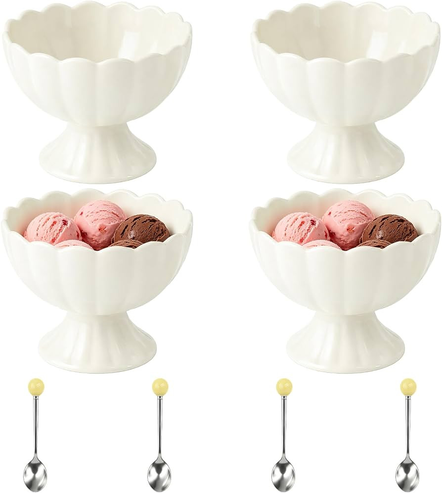 4 Pcs Ceramic Dessert Bowls Set, Elegant Scalloped Rim Pedestal Cups with 4 Spoons, 6.76 fl oz Sm... | Amazon (US)