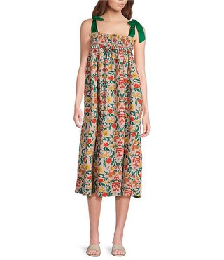 Buru Square Neck Tie Shoulder Strap Floral Print Square Neck Sleeveless Midi Dress | Dillard's | Dillard's