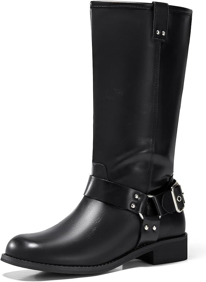 Coutgo Womens Riding Biker Boots Chunky Low Heel Mid Calf Moto Boots Closed Toe Pull on Buckle Bo... | Amazon (US)