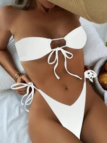 SHEIN Swim Summer Beach Plain Drawstring Bandeau Bikini Set | SHEIN