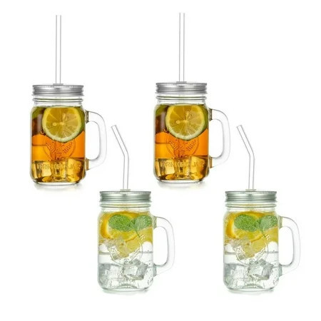 Glasseam 16oz Mason Jar Drinking Glasses Cup with Handle Lid and Straw for Iced Coffee Tea Smoothie Set of 4 | Walmart (US)