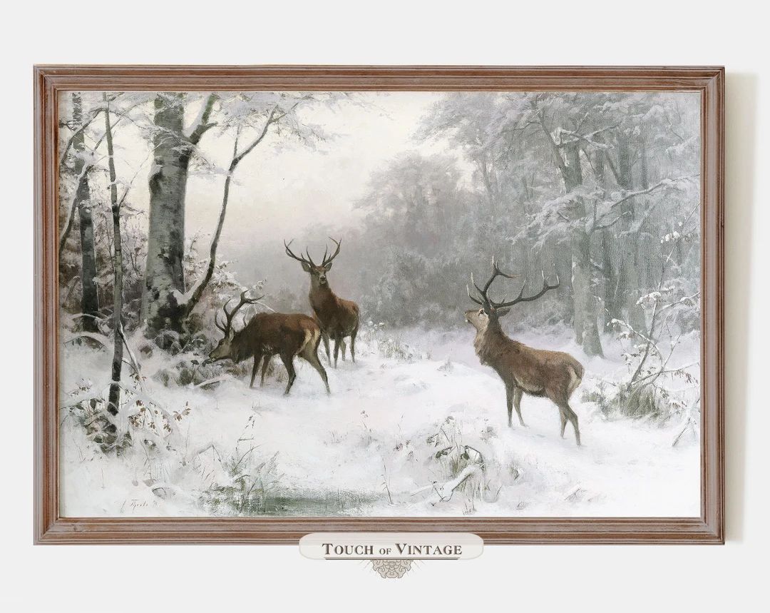 Printable Vintage Painting of Deer in the Snow Neutral Winter - Etsy | Etsy (US)