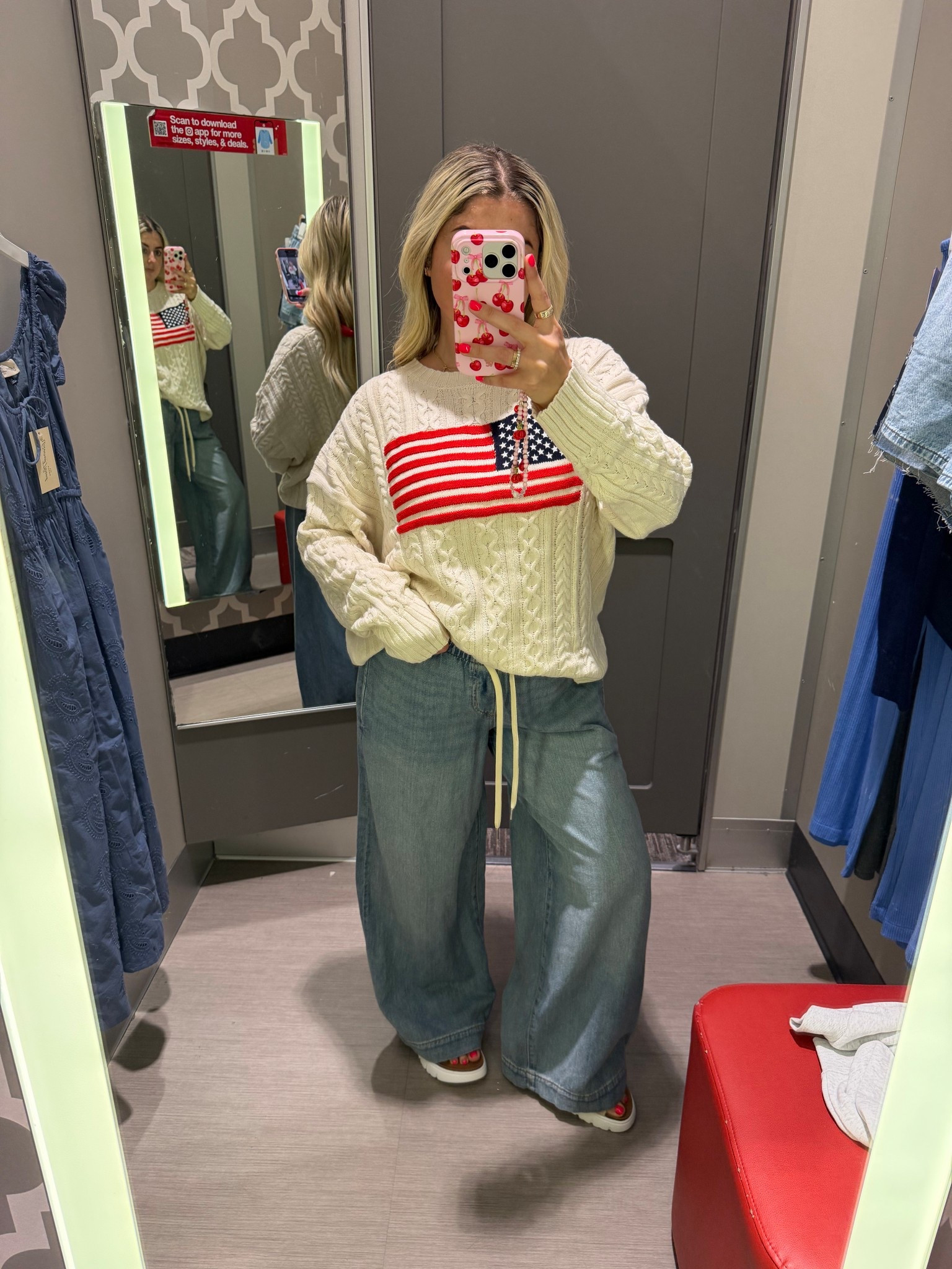 New @Target 
Large USA flag sweater 
Jeans small
Sandals tts
4th of July 