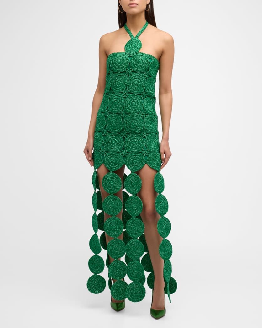 Beep Beep Lurex Crochet Cutout Halter Maxi Dress | Neiman Marcus