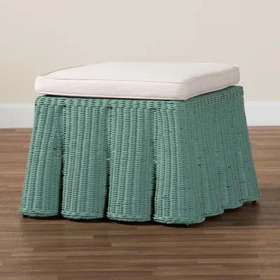 Brazley Bali & Pari Palm Bohemian Seafoam Green Scallop Rattan Ottoman | Wayfair North America