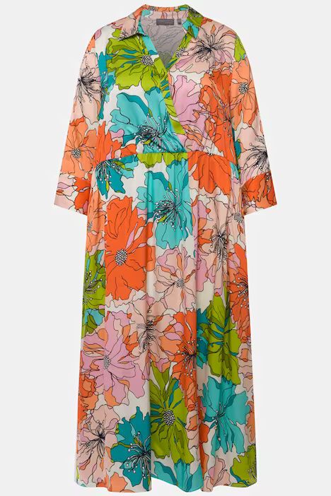 Watercolor Floral Print Wrap Look Midi Dress | Ulla Popken