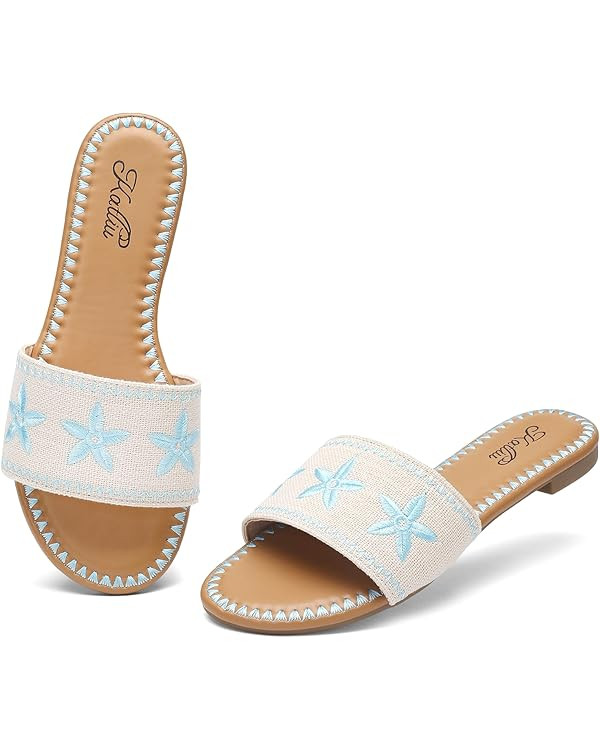 katliu Women's Flat Sandals, Seashell Starfish Sandals, Boho Embroidery Floral Slide Sandals, Sum... | Amazon (US)