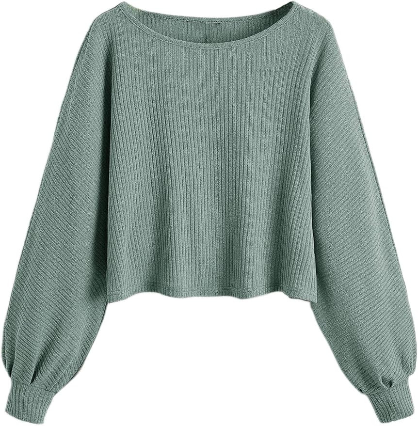 SweatyRocks Women's Casual Solid Ribbed Knit Raglan Long Sleeve Crop Top T Shirt | Amazon (US)