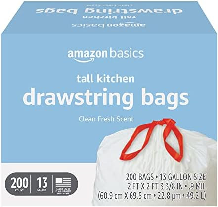 Amazon Basics Scented Trash Bags, Tall Kitchen Drawstring, Clean Fresh Scent, 13 Gallon, 200 Coun... | Amazon (US)