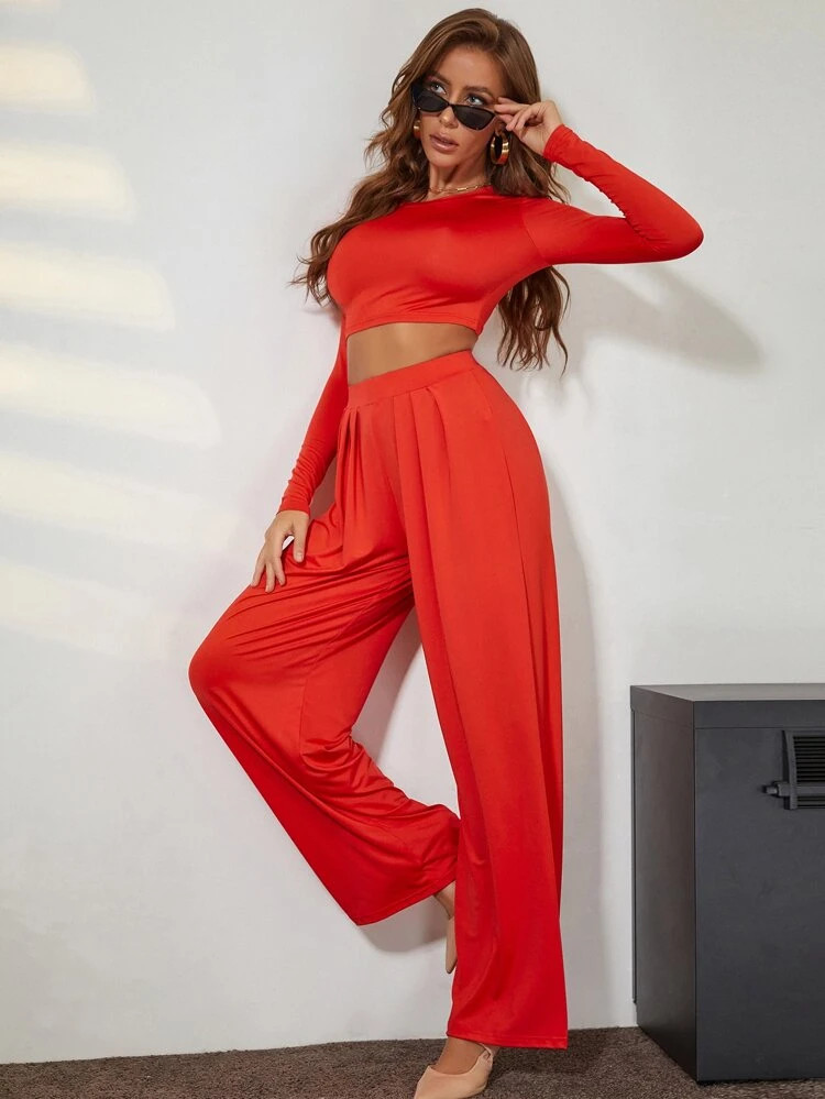 PARTHEA Round Neck Crop Tee & Fold Pleat Wide Leg Pants Set | SHEIN