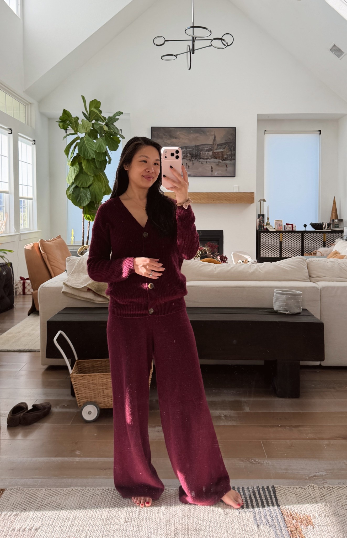 Cashmere cardigan sweater and cashmere wide leg pants for a casual winter look. Both come in many different colors and on sale for 50% off! Wearing size XS in the top and medium in the bottoms for postpartum  

#LTKSeasonal #LTKSaleAlert #LTKootd