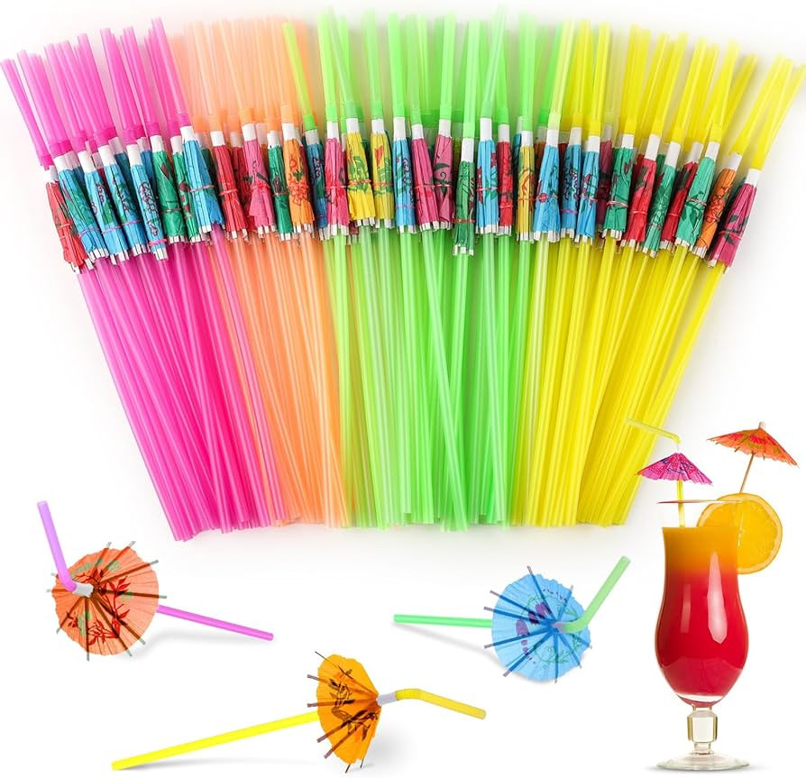 Paxcoo 50pc Umbrella Straws for Cocktails, Tropical Hawaiian Luau Party Decorations (Assorted Col... | Amazon (US)