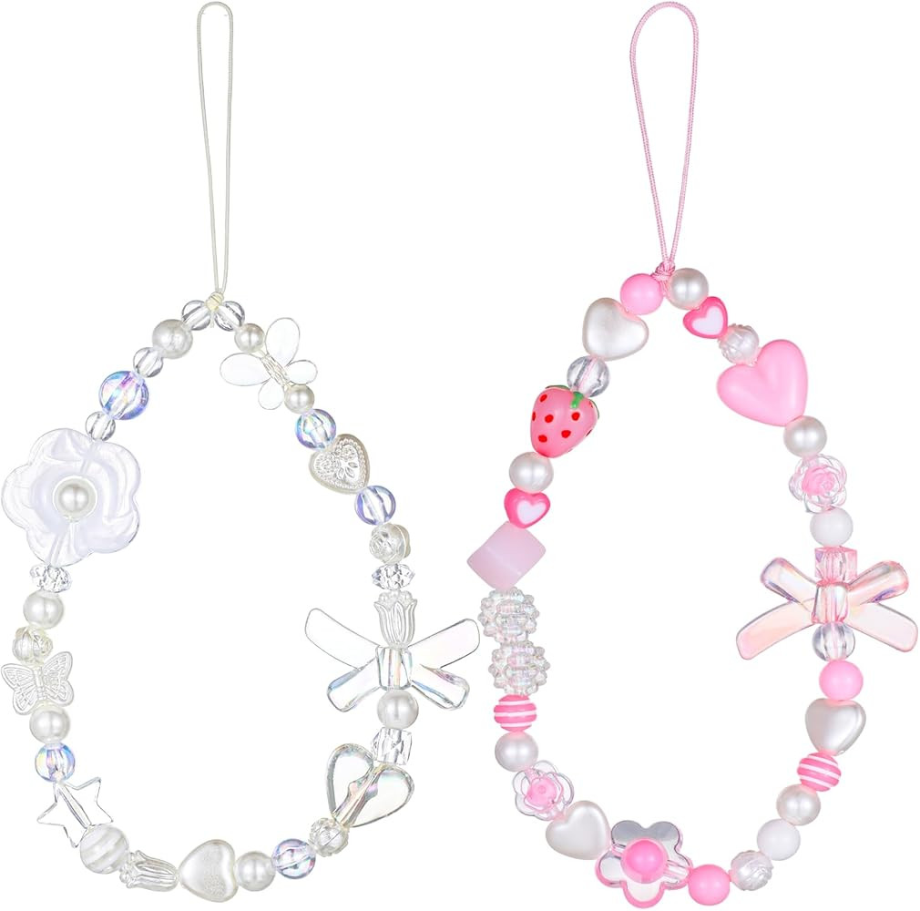 2 Pcs Beaded Phone Charm Wrist Straps, Pink Beaded Phone Bracelet Strap Cute Aesthetic Lanyard Wr... | Amazon (US)