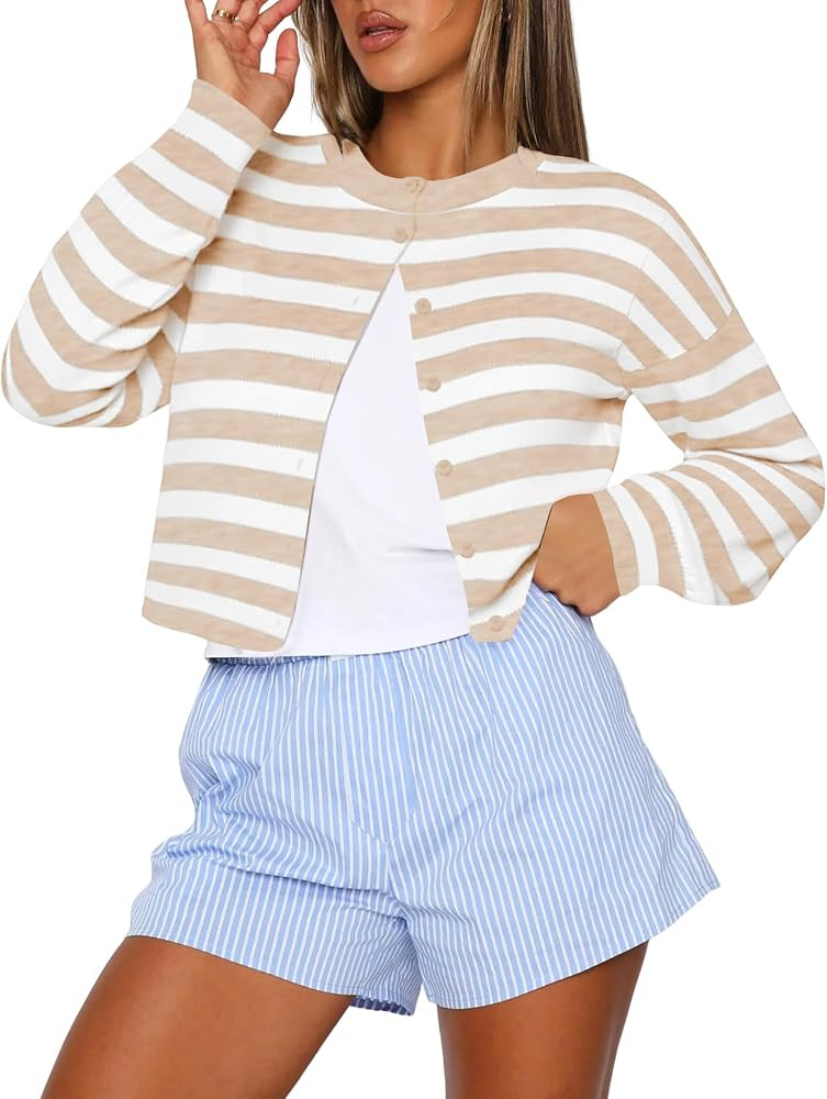 Kistore Womens Cropped Cardigan Sweaters Crew Neck Long Sleeve Button Up Sweaters Lightweight Kni... | Amazon (US)