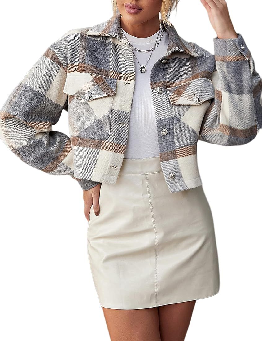 SCUSTY Women's Fall Fashion Cropped Shacket Plaid Wool Blend Flannel Jacket Shirts Short Coat | Amazon (US)