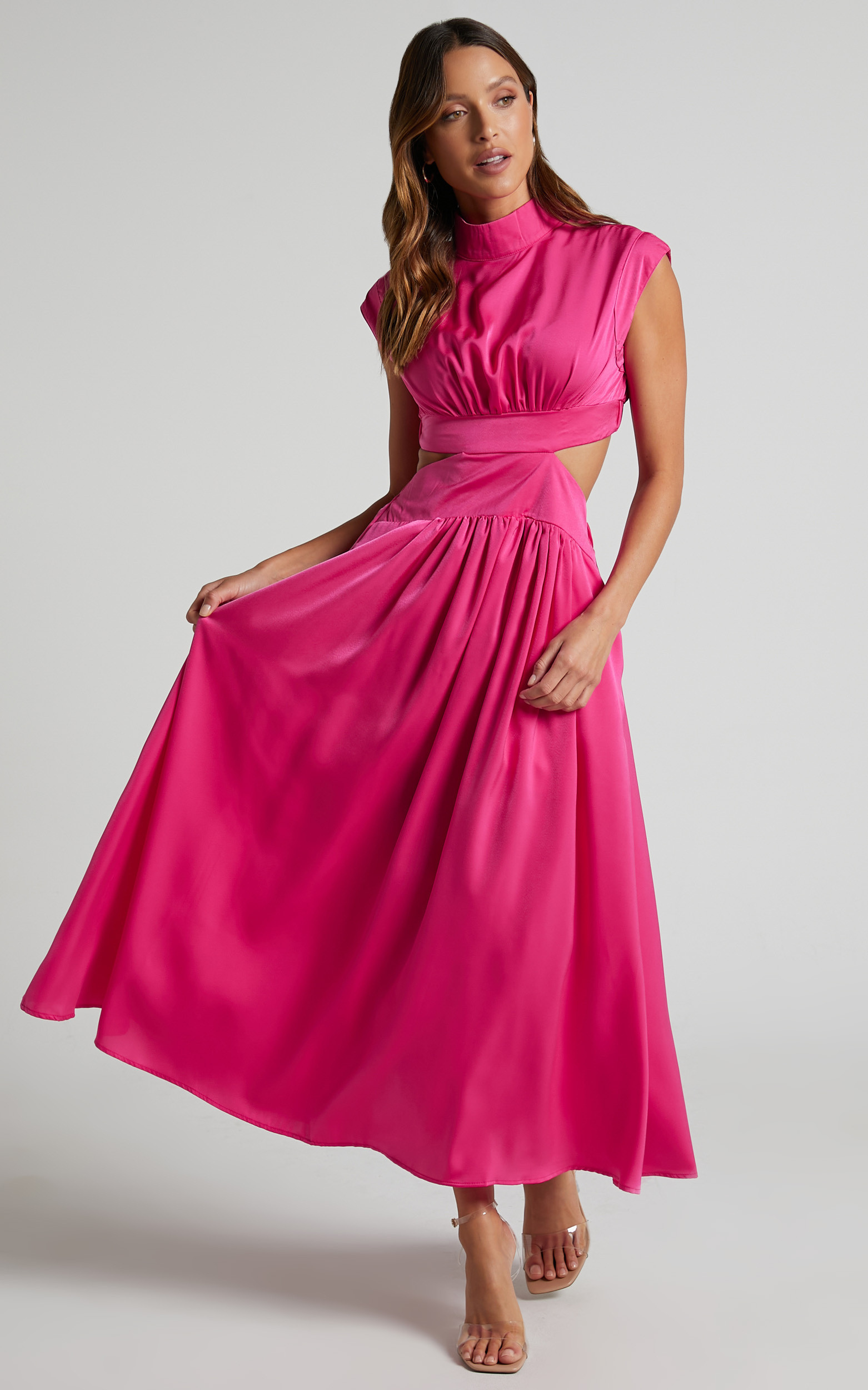 Natalyah Midi Dress - Mock Neck Cut Out Gathered Dress in Pink | Showpo (US, UK & Europe)