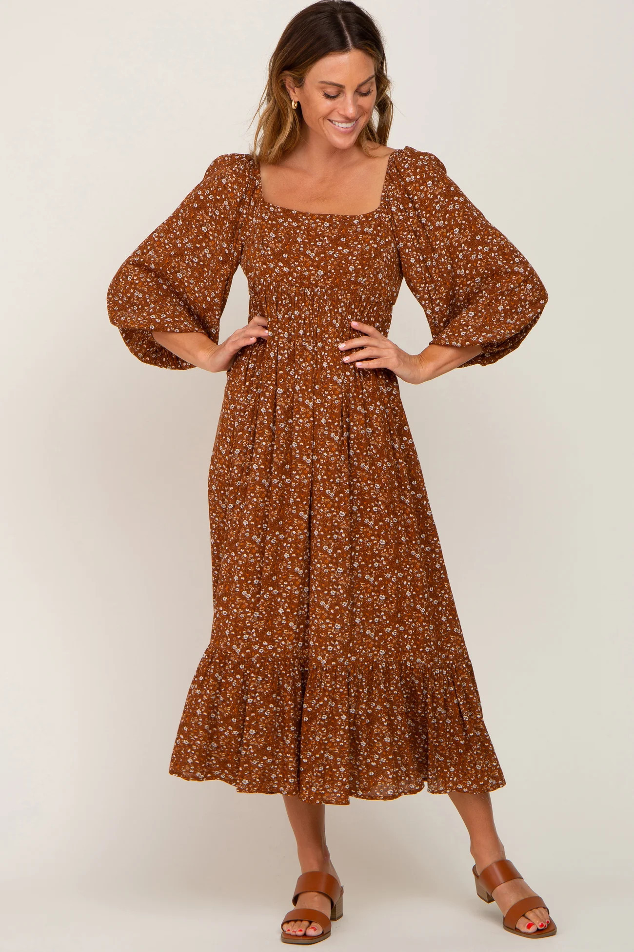 Camel Floral 3/4 Sleeve Midi Dress | PinkBlush Maternity