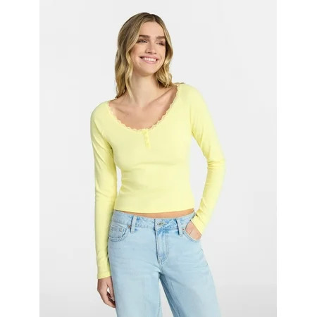 No Boundaries Long Sleeve Henley Top with Lace Trim Women s XXS-XXL | Walmart (US)