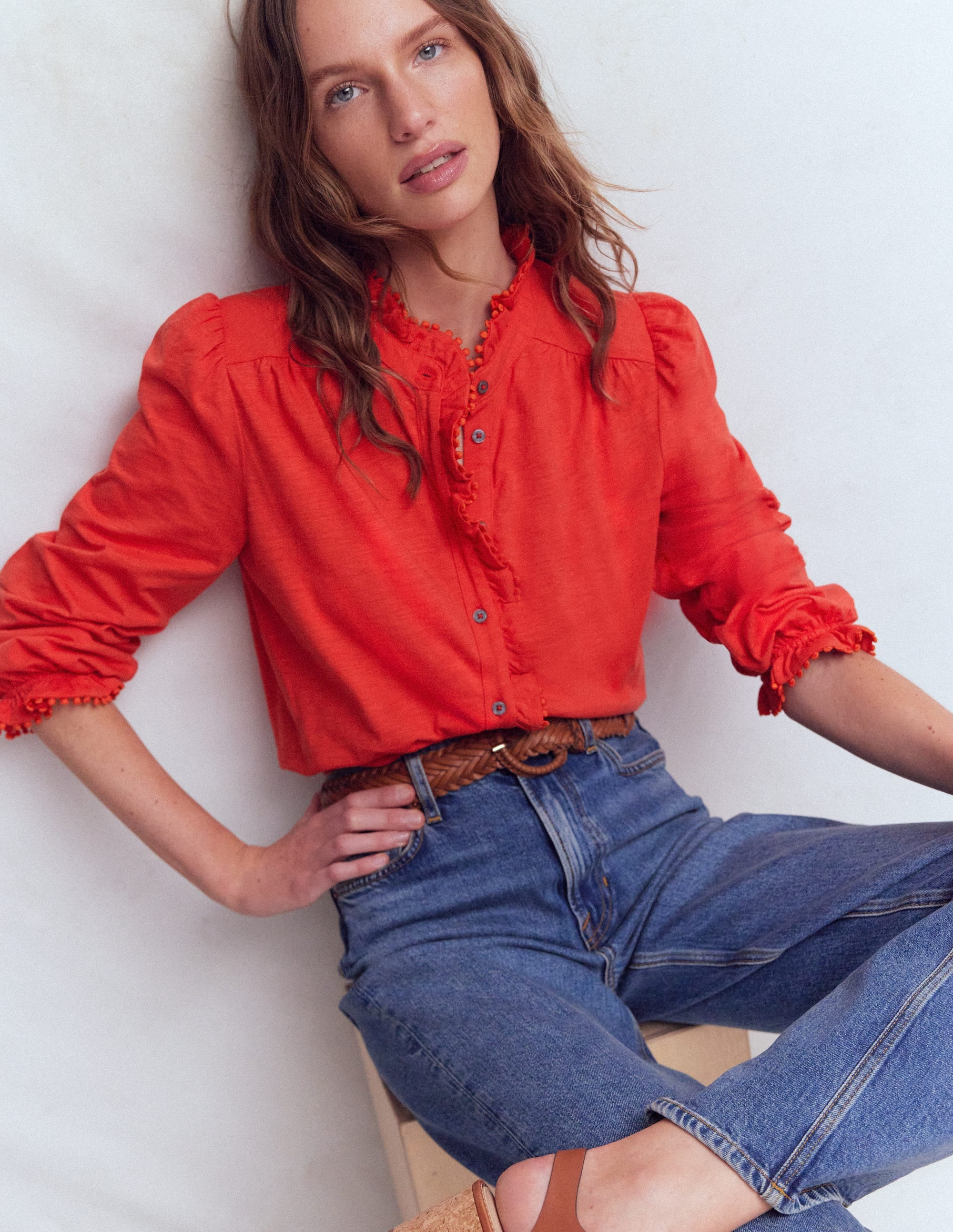 Emily Pom Trim Ruffle Shirt-Blood Orange | Boden (US)