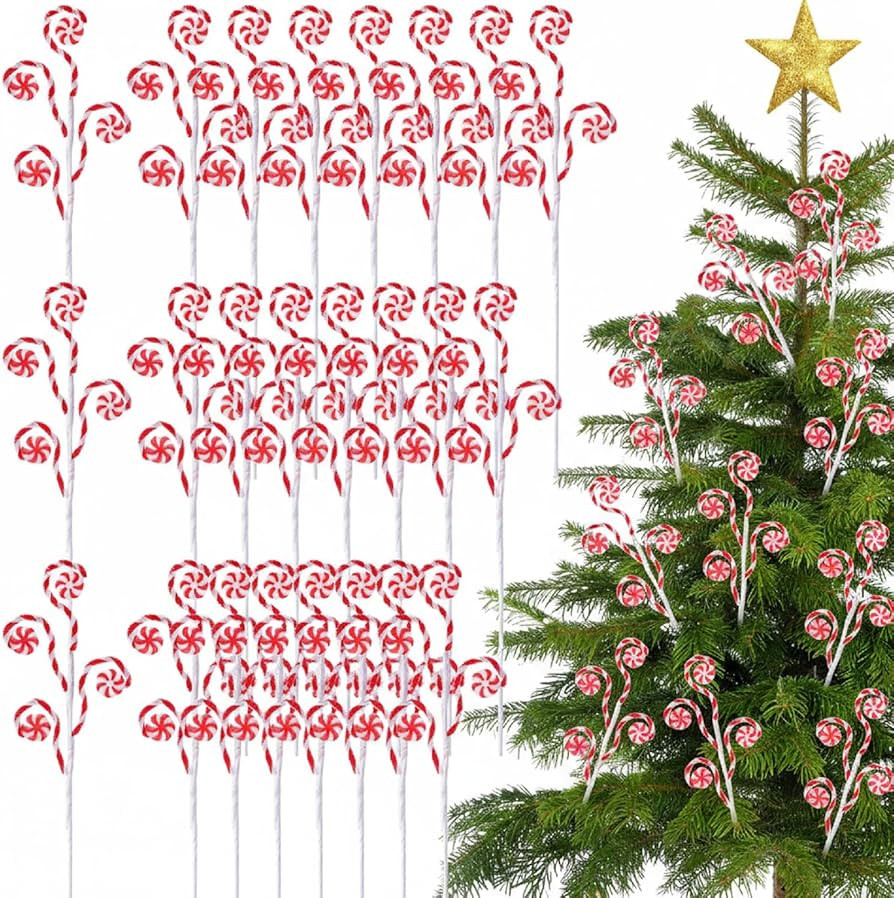 24 Pcs Red White Candy Cane Christmas Picks 16" Large Furry Spiral Curly Sprays Elf Ornaments Ste... | Amazon (US)