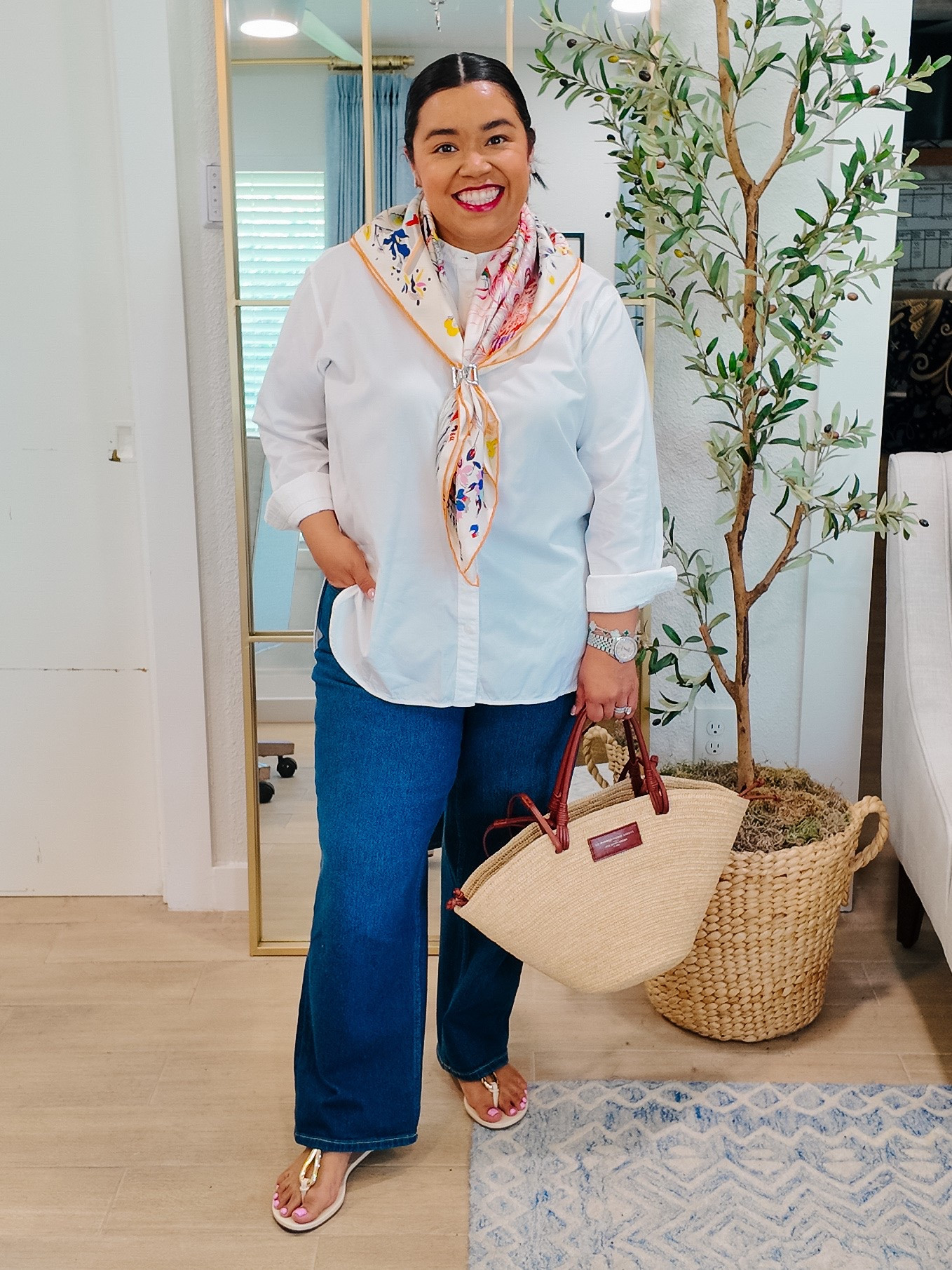 🌷@Spanx   sent me some amazing new arrivals that I’ll be sharing over the next week but here’s two of them today. My white tunic top is so easy to wear and I’m in a size Large. My jeans are the 90s Mid-rise straight jeans. I’m wearing an XL. I love that these have a tummy control panel. #spanxpartner 

🌷My sandals are from @Macys and I love that they have the gold detailing on them. They’ve been one of my go to summer sandals. 

🌷My bag is from @sezane and this is my second season wearing it. It’s held up great and is definitely one to add to your collection. It’s a splurge so I’ve linked some amazing alternatives. 

🌷My scarf is Hermes and the name is Emile Et Une Nuit and I love that there’s animals playing poker and just having a party. I got this one when we were in Milan a couple years ago. 
 
🌷My bag is from @SEZANE and this is my second season wearing it. It’s held up great and is definitely one to add to your collection. 

🌷Classic outfit, spring outfit, modest fashion, petite fashion, mid size fashion, how to style spring clothes for short girls, summer capsule wardrobe, summer outfits I’ve worn recently, Fourth of July outfits

#LTKgrwm #LTKootd #LTKMidsize
