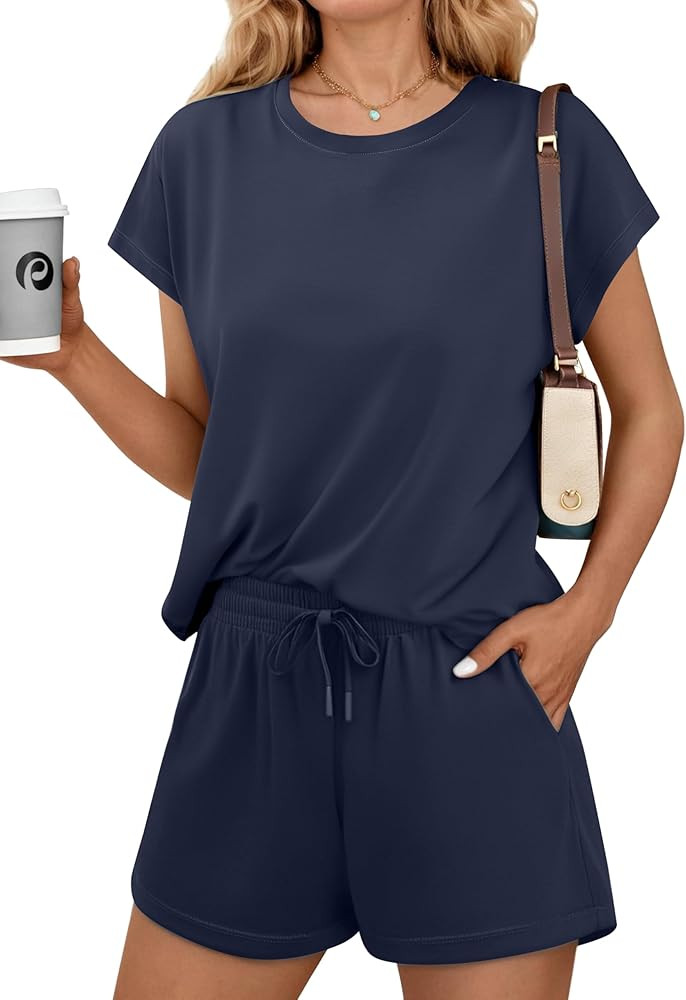 PINSPARK 2 Piece Sets for Women Summer Crewneck Matching Shorts Lounge Set with Pockets Casual Tr... | Amazon (US)