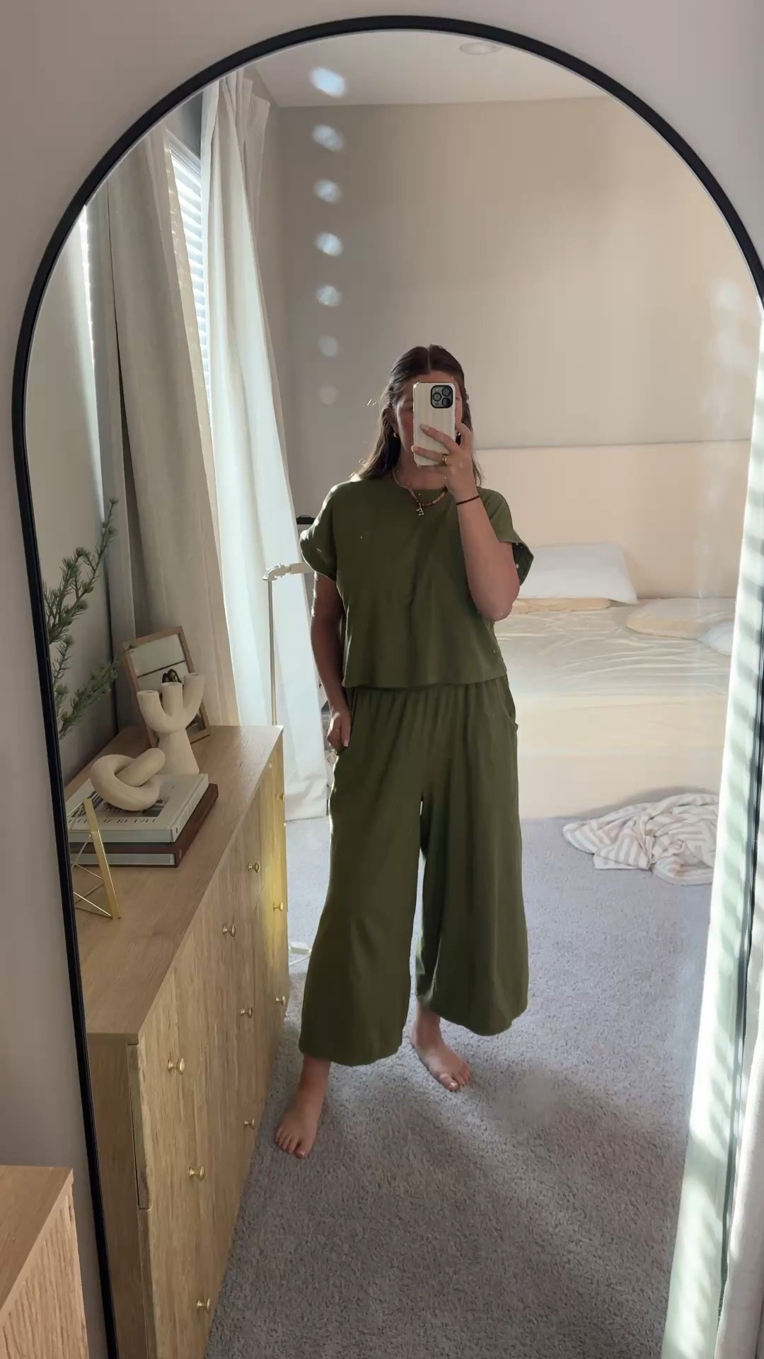 Wearing my true size medium in bottoms. Went up one size in top. Wearing large