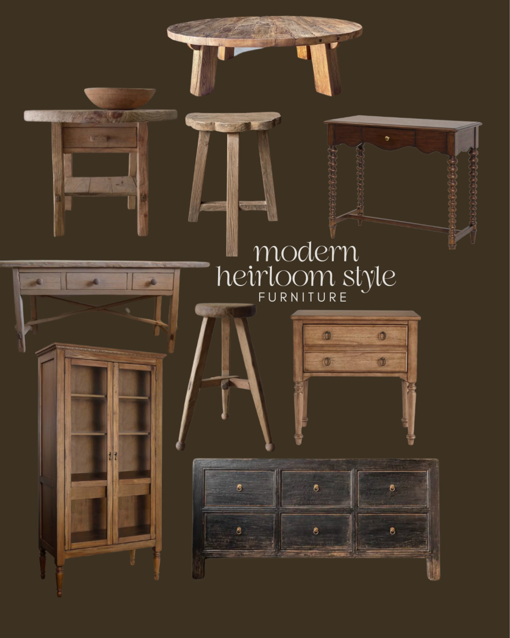 Modern heirloom style furniture from magnolia and Etsy, vintage like nightstand, vintage like stool, sideboard, media cabinet, side table, console table, tall bookcase, new furniture

#LTKHome #LTKSaleAlert #LTKStyleTip