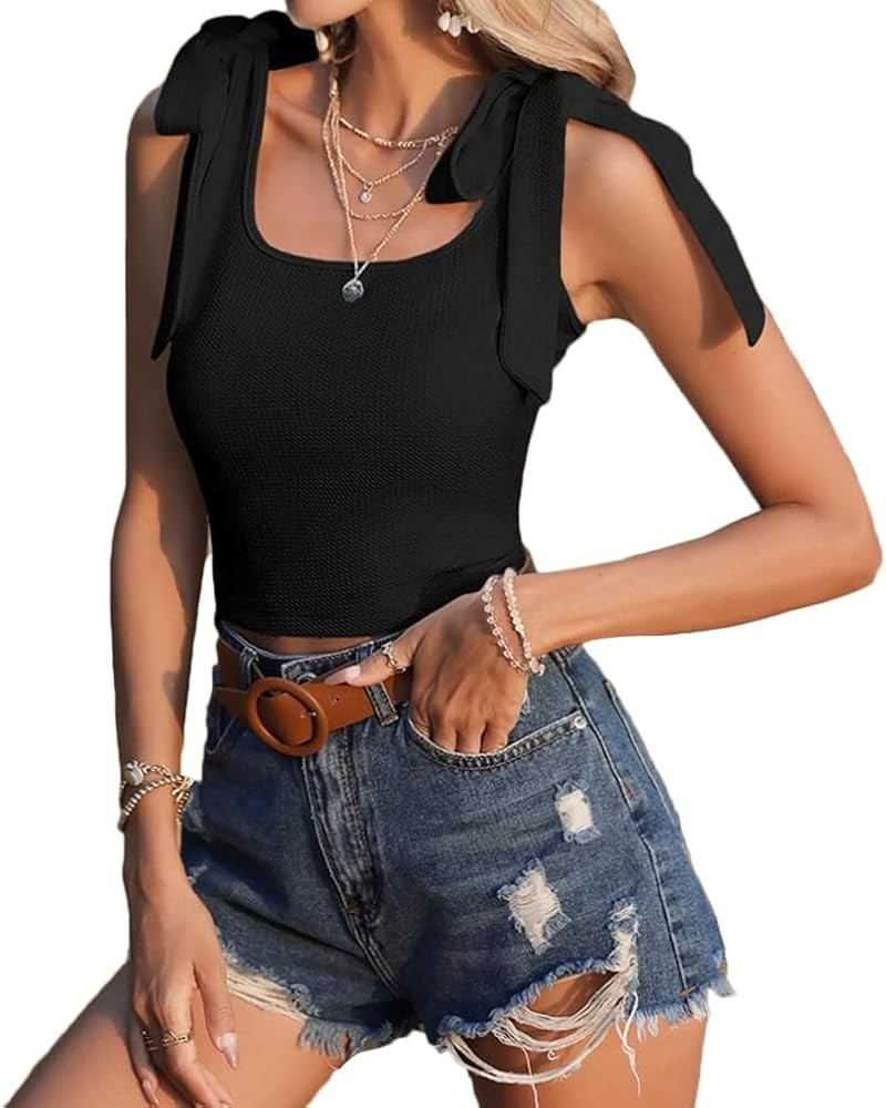 Women Tie Shoulder Ribbed Knit Tank Top Summer Casual Slim Fit Sleeveless Backless Square Neck Ti... | Amazon (US)