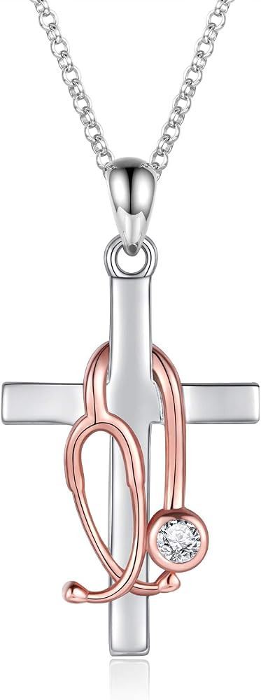 Sterling Silver Stethoscope Cross Necklace Earrings Ring Women Medicine Pendant Jewelry Nurse Doc... | Amazon (US)