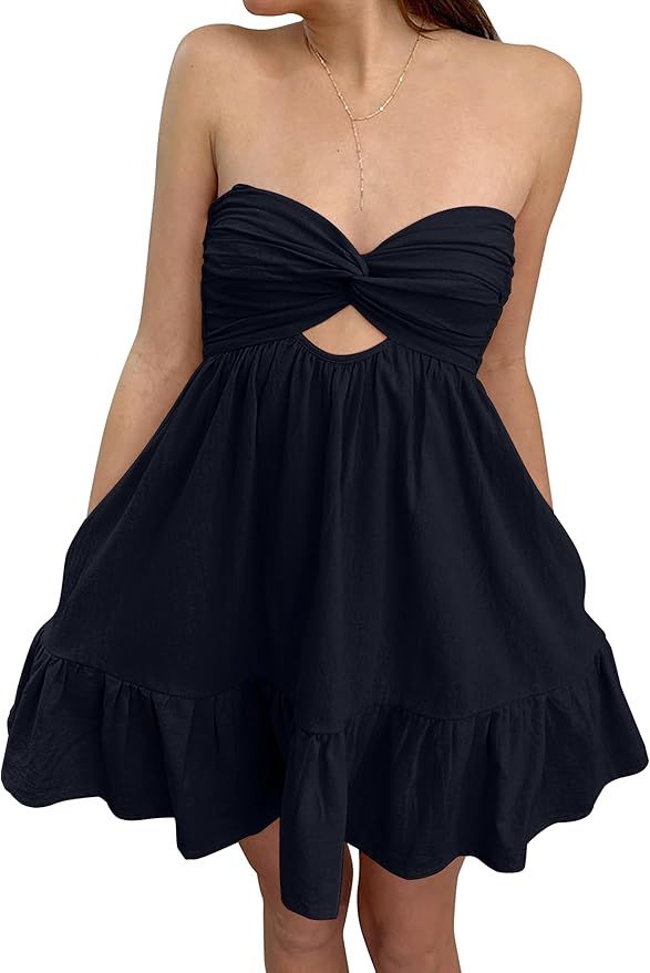 Women's Twist Front Cut Out Strapless Mini Dress Pleated Backless Ruffle A Line Bandeau 2024 Summ... | Amazon (US)