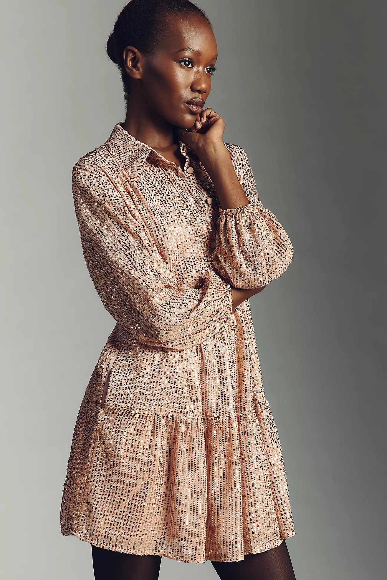 The Bettina Sequin Tiered Mini Shirt Dress by Maeve | Anthropologie (US)