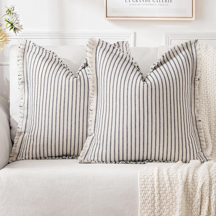 MIULEE Pack of 2 Navy Blue Throw Pillow Covers Striped Farmhouse Couch Cushion Covers with Fringe... | Amazon (CA)