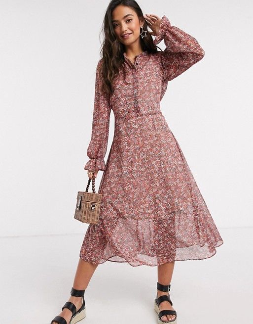 New Look puff sleeve chiffon shirt dress in pink floral | ASOS (Global)