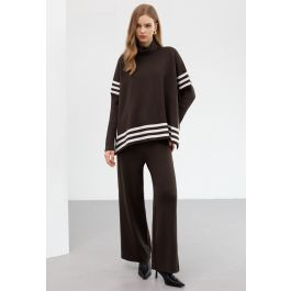 Contrast Stripe Turtleneck Slit Sweater and Pants Set in Brown for Daily Errands & Cozy Home Wear | Chicwish