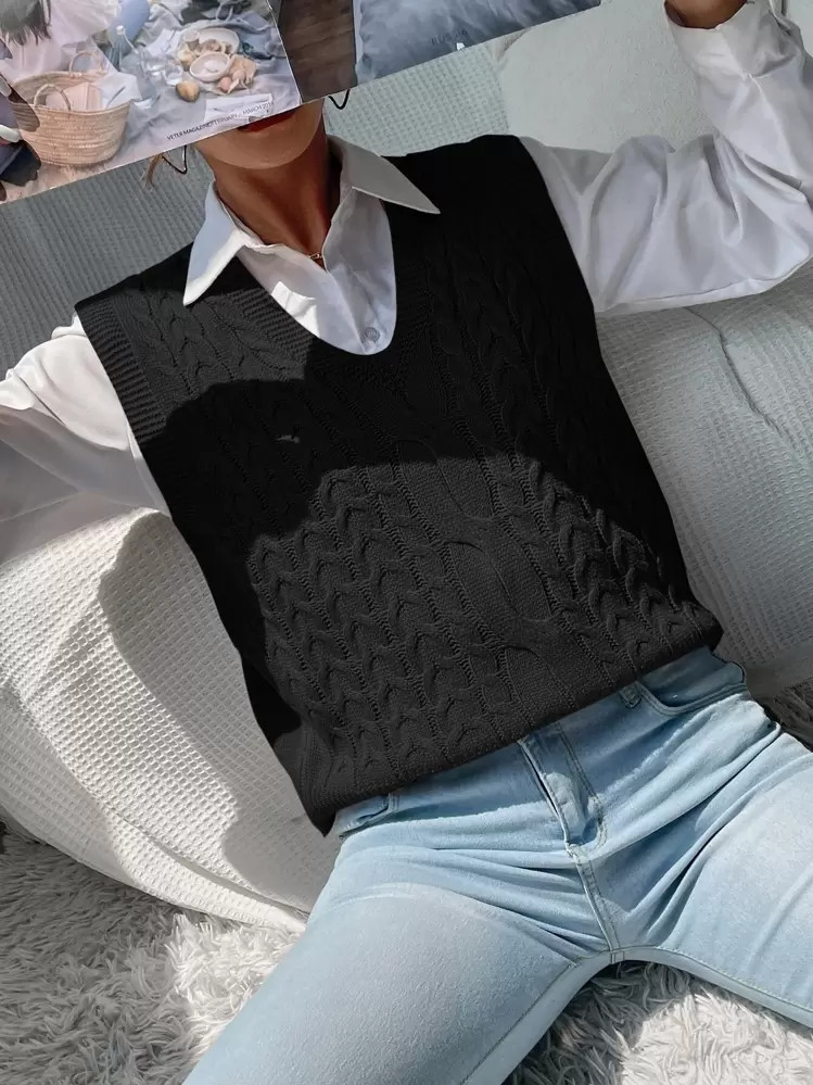 Chiquease V Neck Cable Knit Sweater Vest | SHEIN