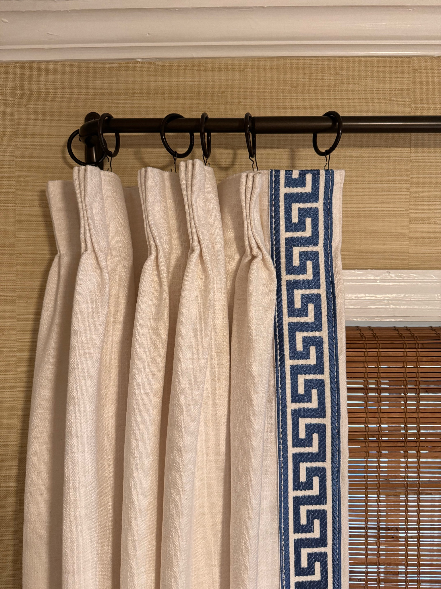 OBSESSED is an understatement. 

Paper is in color Wheat
Blinds are Tuscan
Drapes are Liz Linen in beige white and trim F42