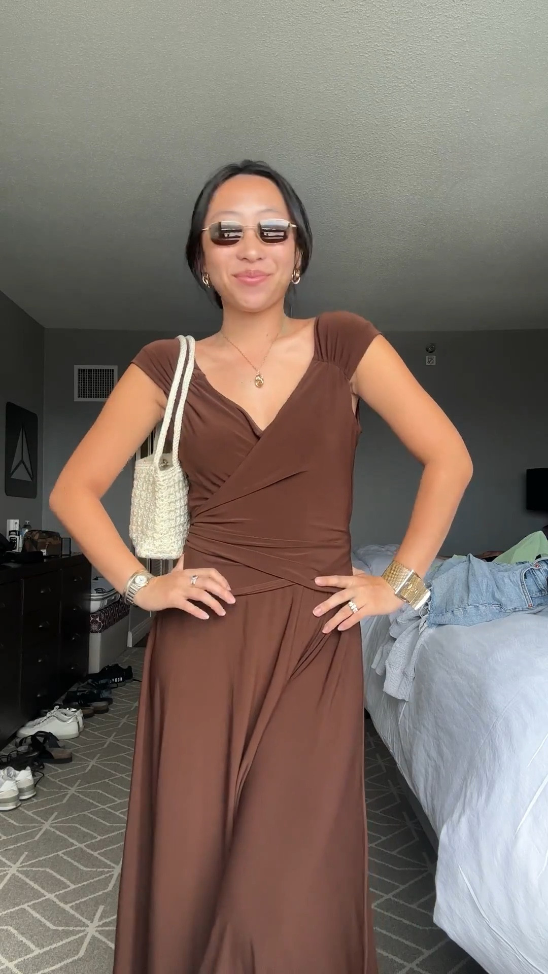 Itsliddystyle wearing thrifted Jones New York Brown A-line stretch Maxi dress, The Sak woven white handbag, Fall outfit, Brown dress, Boston outfit, Thrifted dress, Going out outfit. 

#LTKFindsUnder50 #LTKPetite #LTKStyleTip