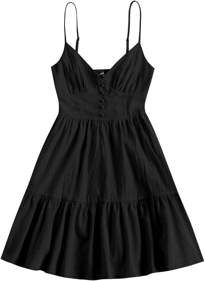 ZAFUL Women's Casual V Neck Summer Mini Dress Spaghetti Strap A-Line Short Dresses Backless Solid... | Amazon (US)